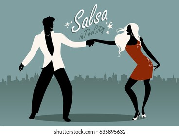 Salsa in the City. Silhouettes of young couple dancing latin music: salsa, merengue, bachata,