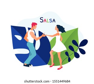 Salsa In The City. Street Dancing. Beautiful Couple Dancing. Vector Illustration Cartoon Style. Dance Studio Logo.