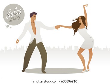 Salsa in the City. Young couple dancing latin music: salsa, merengue, bachata…