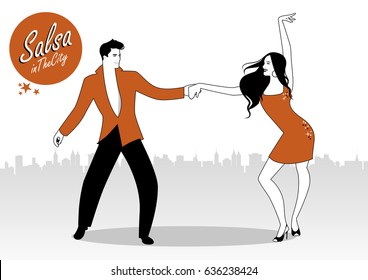 Salsa in the City. Young couple dancing latin music: salsa, merengue, bachata, ...