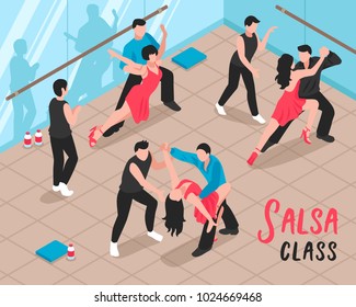 Salsa class scene with people during dance workout in ballroom with glass walls isometric vector illustration