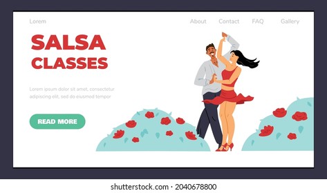 Salsa classes advertising web page layout with dancing man and woman, flat vector illustration. Fashion salsa dance and fitness activity website template.