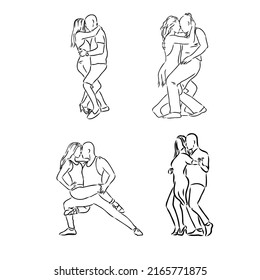  Salsa couple dancing continuous one line drawing. Latin ballroom dance, isolated on white. Hand drawn dancer vector clip art sketch style. Minimalistic contour illustration