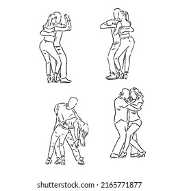 Salsa couple dancing continuous one line drawing. Latin ballroom dance, isolated on white. Hand drawn dancer vector clip art sketch style. Minimalistic contour illustration