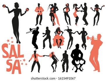 Salsa dance clipart collection. Set of latin music dancers and musician isolated on white background.	