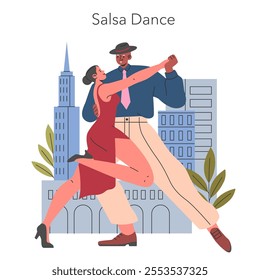 Salsa Dance concept. A couple performs a vibrant salsa move against an urban backdrop. Celebrating the rhythm and connection of dance. Vector illustration.