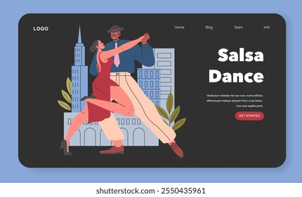 Salsa Dance conceito. Um casal enérgico realiza salsa contra um fundo de paisagem urbana, capturando a essência vibrante da dança. Ilustração vetorial.