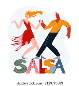 Salsa dance to latin music of couple people vector illustration. Cartoon happy young woman and man dancer characters move in ballroom, retro hot latino dance party in night club isolated on white