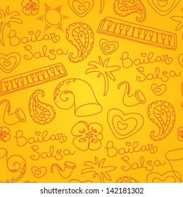 Salsa dance and music seamless pattern. Vector illustration and design element. Pattern background. Element of poster, banner for dance school or festival