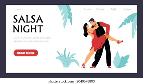 Salsa Dance Night Website Banner Template, Flat Vector Illustration. Latin American Dance And Music Party Web Page Interface With Cartoon Characters Of Dancing Couple.