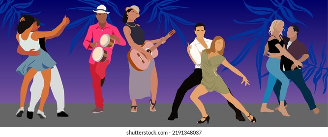 Salsa Dance Party And Night Banner Or Poster, Flat Vector Illustration. Dancing People Performing Poses Of Salsa, Tango, Rumba, Samba, Bachata, Latina Dance.