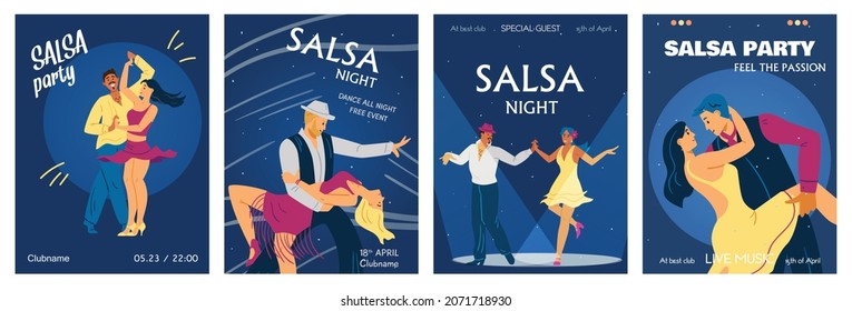 Salsa Dance Party And Night Banners Or Posters Collection, Flat Vector Illustration. Bundle Of Cards With Dancing People Performing Poses Of Salsa Dance.