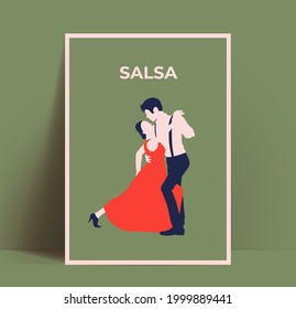 Salsa dance poster or flyer or Latin American dances party promotion design template with minimalistic dancing couple silhouette isolated on green background. Vector illustration