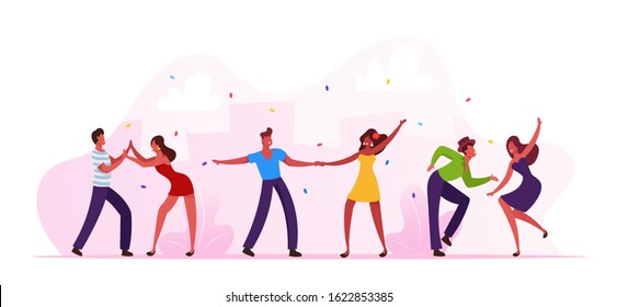 Salsa Dancers Male and Female Characters in Colorful Costumes Having Fun at Brazilian Dance Club Party or Carnival. Latino Men and Women Wear Festive Dress Brazil Dancing Cartoon Vector Illustration