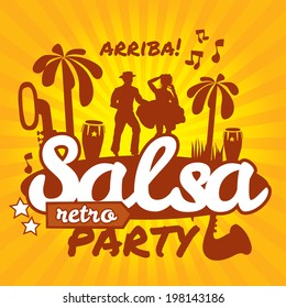 Salsa dancing poster for the party. Cuban couple, palms, musical instruments. Vector stylish illustration and design element