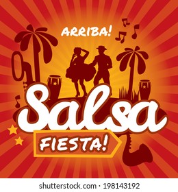 Salsa dancing poster for the party. Cuban couple, palms, musical instruments. Vector stylish illustration and design element