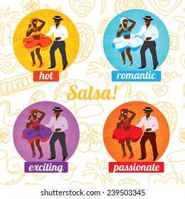 Salsa dancing poster for the party. Cuban couple, palms, musical instruments. Vector illustration and design element