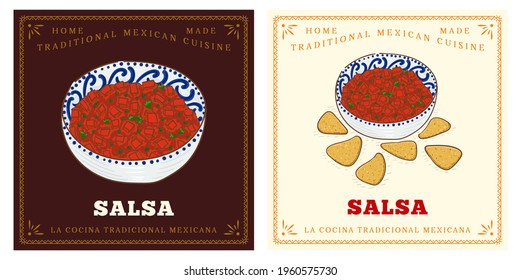 Salsa dip sauce in a bowl with nacho chips