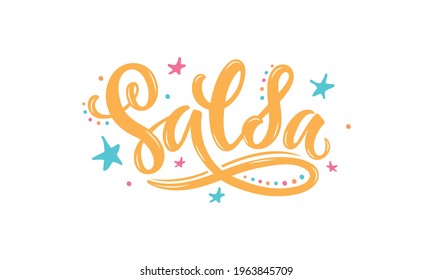 Salsa handwritten text isolated on white background. Modern brush calligraphy, hand lettering for card, apparel, flyer, poster design. Dance studio or classes logotype. Vector colorful illustration