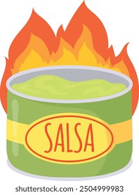 Salsa jar in fire. Hot spicy sauce cartoon icon isolated on white background