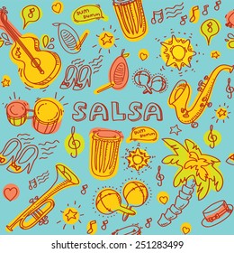 Salsa music and dance colored illustration with musical instruments with palms, etc. Vector modern and stylish design elements set. Seamless pattern