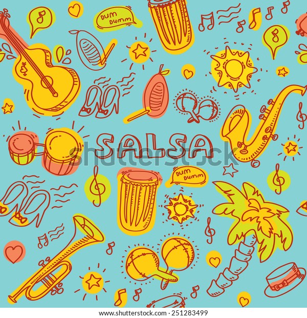 Salsa music and dance colored illustration with\
musical instruments with palms, etc. Vector modern and stylish\
design elements set. Seamless\
pattern