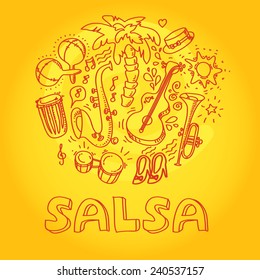 Salsa music and dance illustration with musical instruments, palms, etc. Vector modern and stylish design elements set