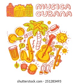 Salsa music and dance illustration with musical instruments with palms, etc. Vector modern and stylish design elements set