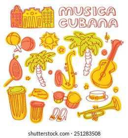 Salsa music and dance illustration with musical instruments, palms, etc. Vector modern and stylish design elements set