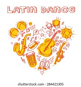 Salsa music and dance illustration with musical instruments, palms, etc. Vector modern and stylish design elements set