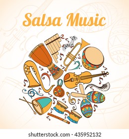 Salsa-Musikkarte. Einladung von Latino-Musikinstrumenten. Latino-Hintergrund kann als Einladungskarte für Hochzeit, Geburtstag und anderen Feiertag- und Sommerhintergrund verwendet werden.  Vektorgrafik.