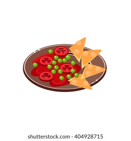 Salsa With Nachos On Plate  Traditional Mexican Cuisine Sample Vector Drawing In Realistic Cartoon Style Isolated On White Background