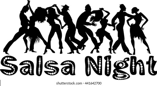 Salsa nigh black vector silhouette with dancing couples, no white objects, EPS 8