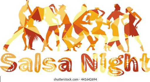 Salsa nigh polygonal vector silhouette illustration with dancing couples, EPS 8