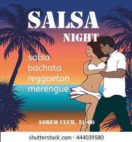 Salsa night flyer with couple and hand-drawn palms.