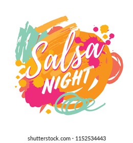 Salsa Night Vector Logotype. Abstract Brushes Colorful Background. Poster For Dance Party, Cards, Banners, T-shirts, Dance Studio.