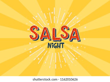 Salsa night vector logotype. Yellow rays background. Poster for dance party, cards, banners, t-shirts, dance studio.