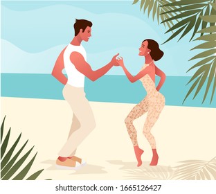 Salsa on a beach, summer dance party. Beautiful young couple dancing outdoor. People in love, dating. Vector illustration cartoon style. Dance studio design template.