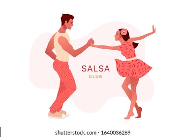 Salsa party club. Happy Valentine's Day. Beautiful young couple dancing salsa in the city. Street dancing. People in love, dating. Vector illustration cartoon style. Dance studio logo.