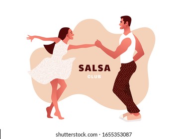 Salsa party club. Happy Valentine's Day. Beautiful young couple dancing salsa in the city. Street dancing. People in love, dating. Vector illustration cartoon style. Dance studio logo.