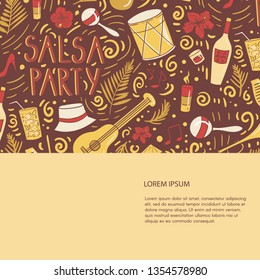 Salsa party concept. Hand drawn cartoon elements. Vector template with place for your text,