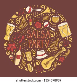 Salsa party concept. Hand drawn cartoon elements. 