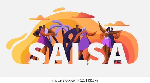 Salsa Party Dancer Character Typography Poster Template. Passion Cuba Dance. Latin Man Woman Tango and Rumba Art Master Concept for Printable Advertising Banner. Vector illustration