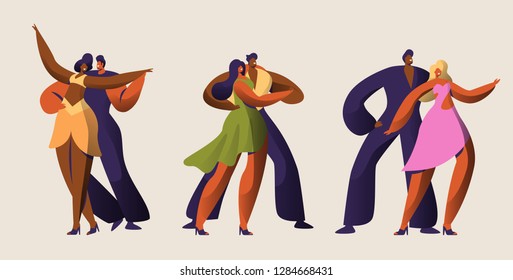 Salsa Party Dancer Couple Character Set. Passion Cuba Mambo Dance. Latin Man Woman Tango and Rumba Style Master. Passion Vintage Samba People Group in Vintage Costume Flat Cartoon Vector Illustration