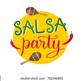 Salsa party hand-drawn lettering with maracas and chilly pepper on yellow background for colorful latino salsa party banner. Vector illustration