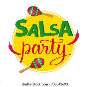 Salsa party hand-drawn lettering with maracas and chilly pepper on yellow background for colorful latino salsa party banner. Vector illustration