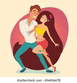 Salsa party, latino dancer vector illustration. Cuban couple of happy woman and man. Samba, bachata or zouk dance. Social salseros: flat style, isolated
