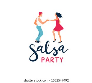 Salsa party lettering logo. Salsa in the city. Street dancing. Beautiful couple dancing. Vector illustration cartoon style. Dance studio logo.