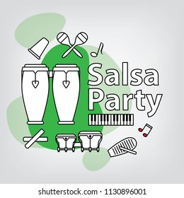 Salsa party logo concept. Creative identity with traditional musician instruments. Tumbao Clave Cowbell Maracas and Guiro.