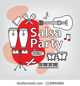 Salsa party logo concept. Creative identity with traditional musician instruments. Tumbao Clave Cowbell Maracas and Guiro.